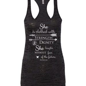 Christian Shirts. Christian Clothing. She is Clothed in Strength and Dignity. Proverbs 31. Christian Workout. Workout Tank. Racerback. image 2