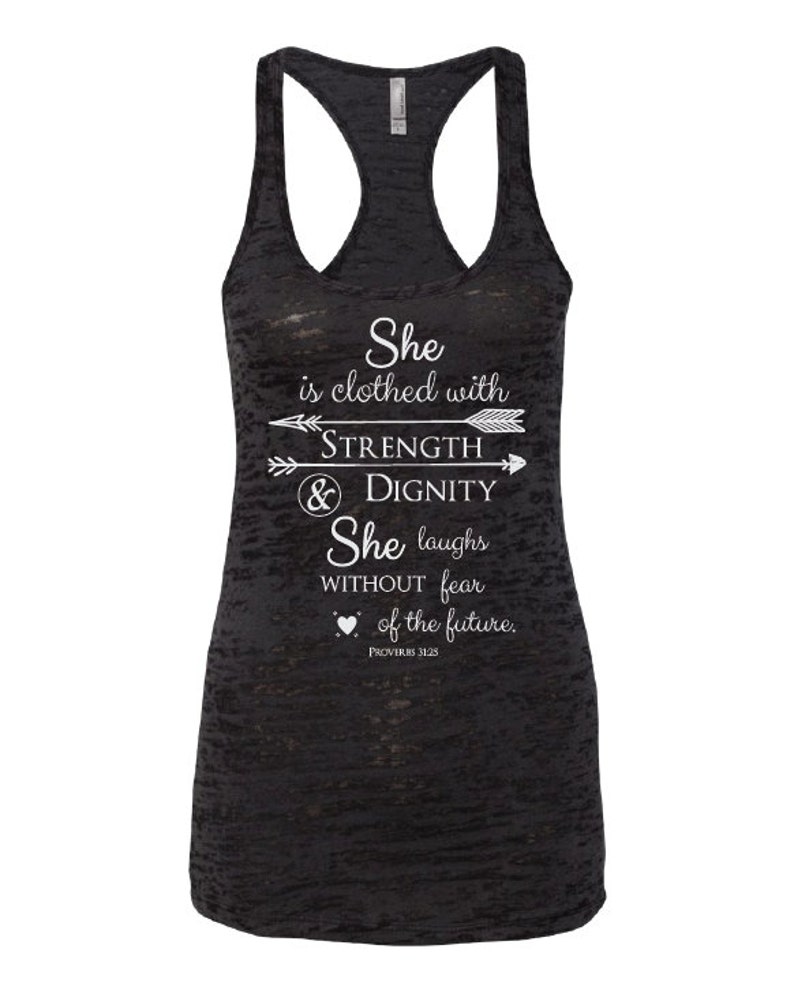 Christian Shirts. Christian Clothing. She is Clothed in Strength and Dignity. Proverbs 31. Christian Workout. Workout Tank. Racerback. image 2