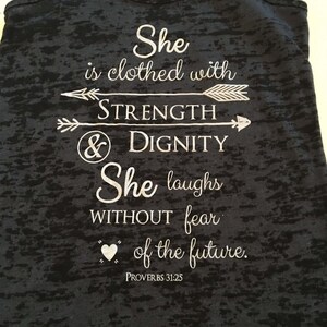 Christian Shirts. Christian Clothing. She is Clothed in Strength and Dignity. Proverbs 31. Christian Workout. Workout Tank. Racerback. image 4