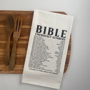 Tea Towels. Kitchen Towels. Dish Towels. Flour Sack Towels. Christian Gifts. Bible Emergency Numbers.