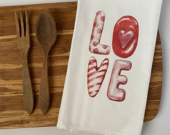 Decoración de San Valentín. Toallas de saco de harina. Decoración de la masía. Regalo de San Valentín. Saco de harina de toalla de té. Toallas de cocina. Toalla de cocina. Corazón.