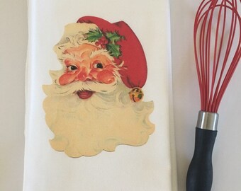 Santa. Christmas Gift Ideas. Tea Towels. Flour Sack Tea Towels. Dish Towel. Farmhouse Decor. Christmas Gift for her. Vintage Santa.