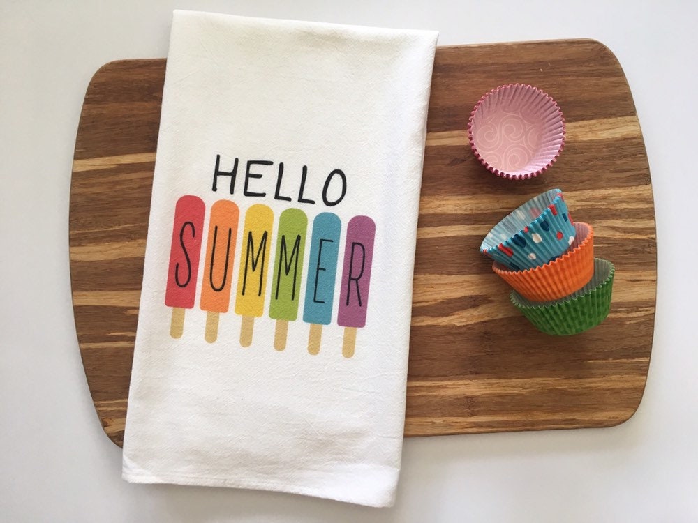 summer kitchen towel, housewarming cotton dish towel hello summer bicycle  flowers plain striped tea towel