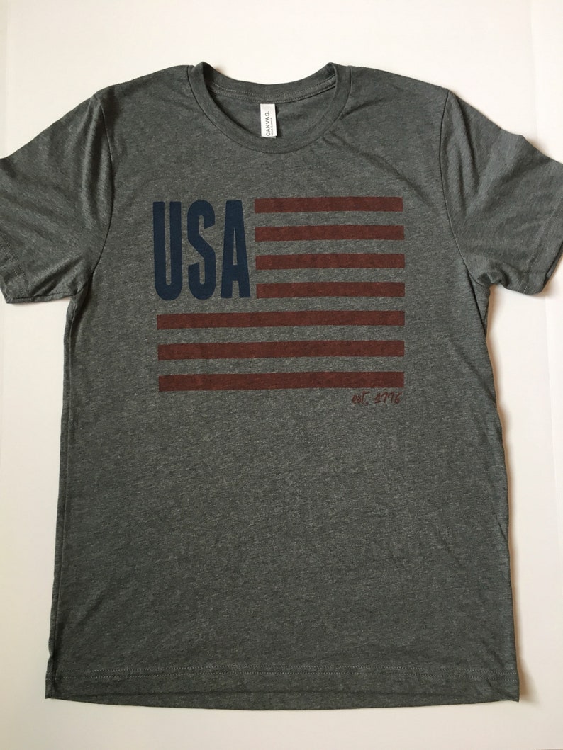 Pode incluir: Uma camiseta cinza mescla com um design de bandeira americana azul e vermelha. O texto "USA est. 1776" est&aacute; impresso na camiseta.