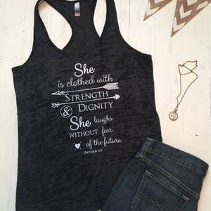 Christian Shirts. Christian Clothing. She is Clothed in Strength and Dignity. Proverbs 31. Christian Workout. Workout Tank. Racerback.