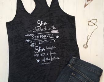 Christian Shirts. Christian Clothing. She is Clothed in Strength and Dignity. Proverbs 31. Christian Workout. Workout Tank. Racerback.