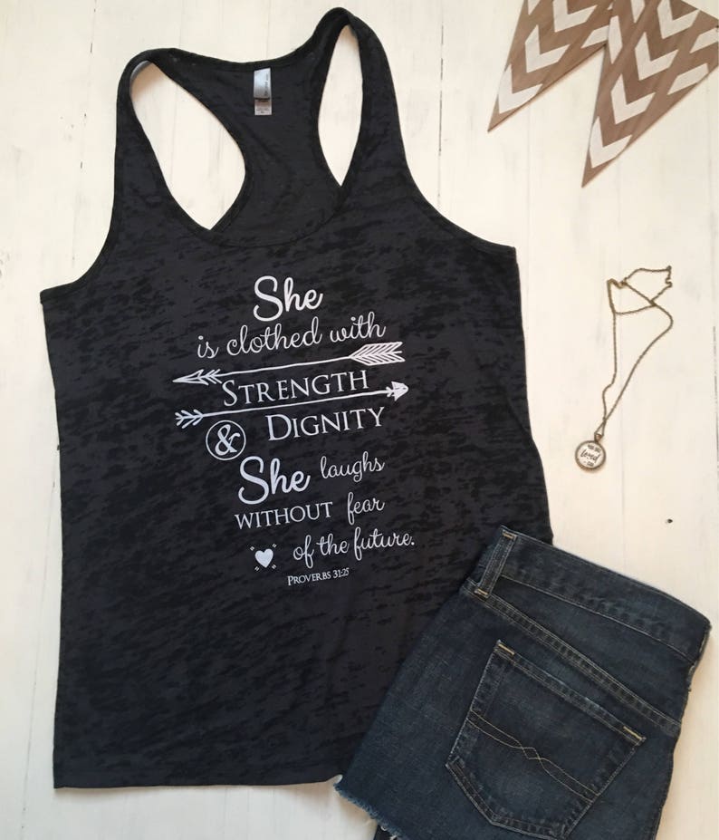 Christian Shirts. Christian Clothing. She is Clothed in Strength and Dignity. Proverbs 31. Christian Workout. Workout Tank. Racerback. image 1