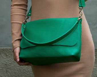 Green Leather Handbag Emerald Green Purse Women Shoulder Bag Women Gift Idea Green Leather Bag Soft Leather Purse Large Size Bag