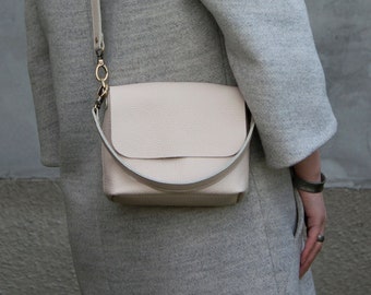 Beige Mini Handbag 100% Leather Crossbody Purse Women Shoulder Bag Gift Idea