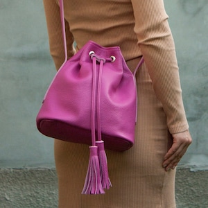 Pink Leather Baggy Bag with Tassels Women Soft Leather Crossbody Bag Fuchsia Bucket Bag