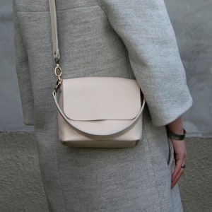 Beige Mini Handbag 100% Leather Crossbody Purse Women Shoulder Bag Gift Idea