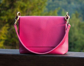 Hot Pink Leather Crossbody Bag Women Shoulder Bag Fuchsia Color Mini Bag Gift Idea Handbag