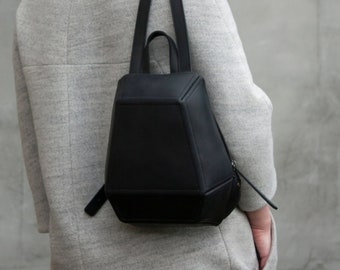 Black Mini Backpack Real Leather Anti Theft Backpack for Travel Women Small Geometry Shape Rucksack Women Gift Idea