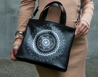 Women Black Crossbody Bag Soft Leather Handbag Personalized Mandala Evening bag