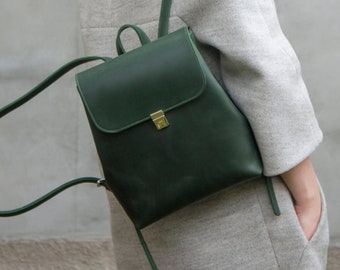 Green Leather Backpack Purse Women Gift Idea Dark Green Purse Woman Backpack Small Rucksack Minimalist Small Satchel Women Daily Purse