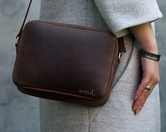 Women Crossbody Purse Vintage Effect Real Leather Zipper Shoulder Bag