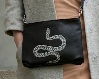 Black Leather Handbag with Snake Crossbody Purse with European Adder Painting Women Shoulder Bag