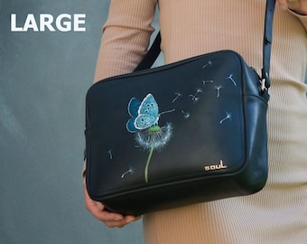 Black Leather Handbag with Blue Butterfly and Dandelion Seeds Painting Women Christmas Gift Large Shoulder Bag Big Size Crossbody Purse