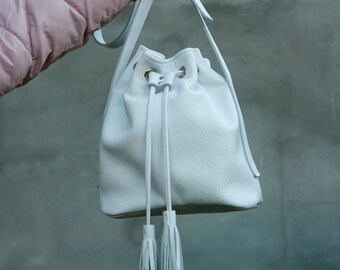 Women White Leather Drawstring Bag with Long Tassels Soft Bucket Bag Women Crossbody Bag Soft Women Christmas Gift Idea