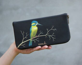 Cartera de cuero negro para mujer, monedero con cremallera, pájaro martín pescador, pájaro amarillo azul