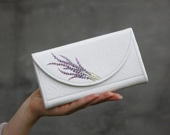 Cartera Mujer Lavanda Monedero Grande de Cuero Blanco Cartera Hecha a Mano con Pintura Lavanda