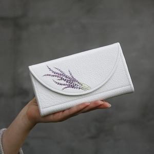Cartera Mujer Lavanda Monedero Grande de Cuero Blanco Cartera Hecha a Mano con Pintura Lavanda