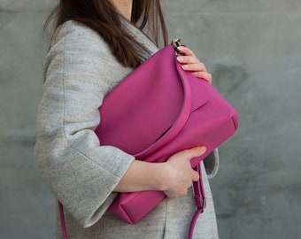 Hot Pink Real Leather Large Shoulder Bag Women Fuchsia Soft Crossbody Bag