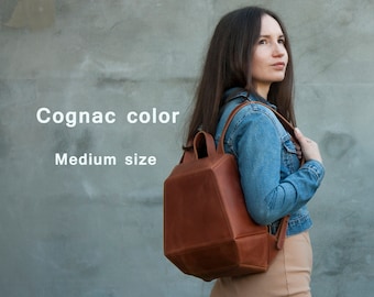 Anti Theft Travel Bag Cognac Color Leather Rucksack Women Geometry Backpack Purse Brown Faceted Form Satchel Women Gift Idea