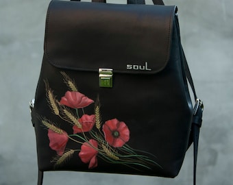 Backpack with Red Poppy Flowers and Wheat Women Backpack Small Personalized Black Leather Rucksack