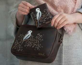 Set for Women Brown Leather Shoulder Bag and Wallet with Long-tailed Tit Bird Painting Everyday Crossbody Purse Women Gift Idea Set