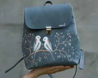 Women Leather iPad Backpack with White Birds Long-Tailed Tit Blue Vintage Effect Leather Rucksack