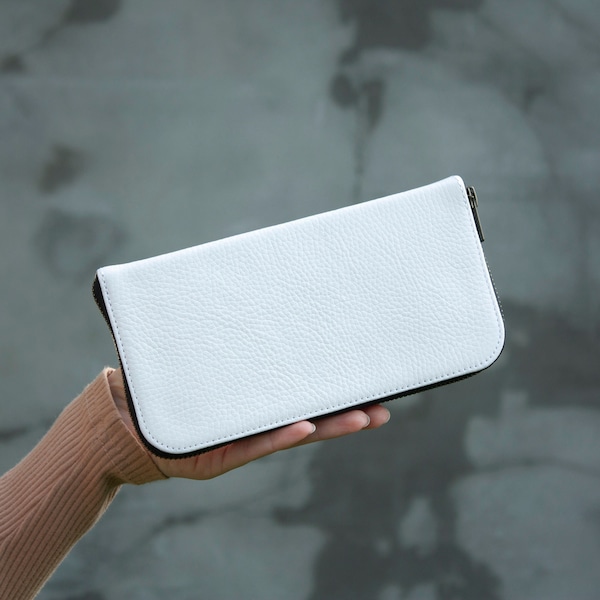 White Leather Purse Minimalist Zipper Wallet Women Large Size Wallet Simple Purse