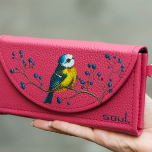 Bright Pink Leather Women Wallet Wrist Pink Large Purse Titmouse Bird Purse Wallet Gift for Daughter