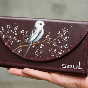 Cartera de cuero para mujer con lindo pájaro blanco y flores Personalización Monedero grande Regalo perfecto para el día de la madre
