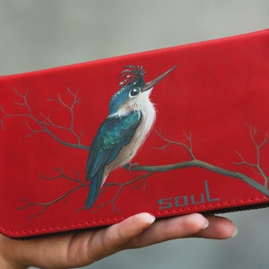 Carteira feminina vermelha com zíper, carteira de couro com pássaro azul, bolsa grande feita à mão, porta-cartões, presente personalizado