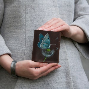 Women Real Leather Mini Wallet with Butterfly and Dandelion Brown Purse Perfect Gift Idea