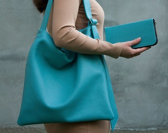 Women Turquoise Blue Leather Tote Bag and Zipper Wallet Set Minimalist Large Shoulder Bag