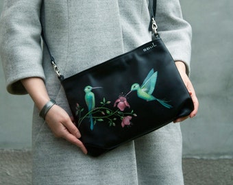 Black Crossbody Bag with Hummingbird and Pink Flowers Soft Leather Handbag Gift Idea