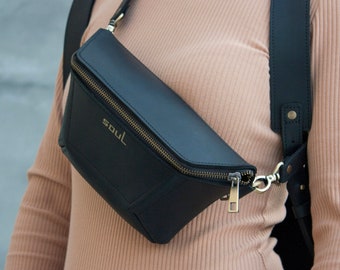 Women Fanny Pack Geometric Shape Black Leather Belt Bag Travel Fanny Pack Unique Crossbody Pouch Unisex Gift