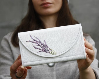 White Leather Wallet with Purple Lavender Flowers Painting Women Gift Idea