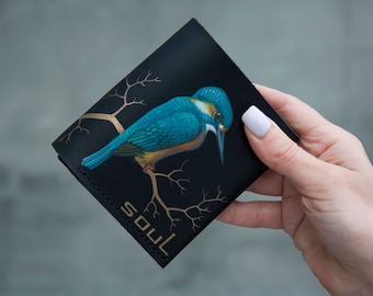 Portefeuille en cuir personnalisé avec Kingfisher Bird Men Portefeuille en cuir effet vintage