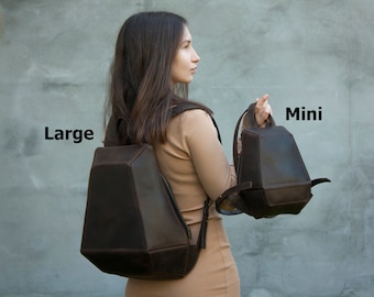 Women Mini Anti Theft Backpack Brown Vintage Leather Rucksack Geometry Satchel