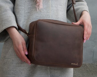 Woman Vintage Brown Leather Crossbody Bag Zipper Minimalist Shoulder Bag with Personalization