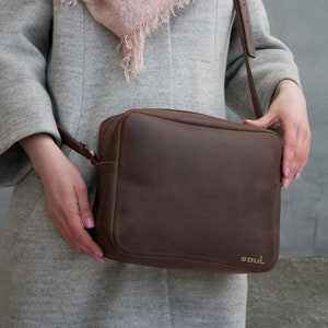 Woman Vintage Brown Leather Crossbody Bag Zipper Minimalist Shoulder Bag with Personalization image 1