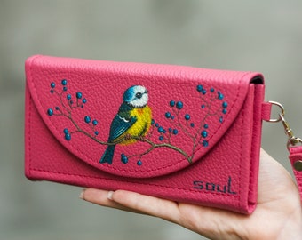 Bright Pink Leather Women Wallet Wrist Pink Large Purse Titmouse Bird Purse Wallet Gift for Daughter