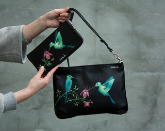 Women Black Real Leather Shoulder Bag and Wallet with Blue Hummingbird and Pink Flowers Painting
