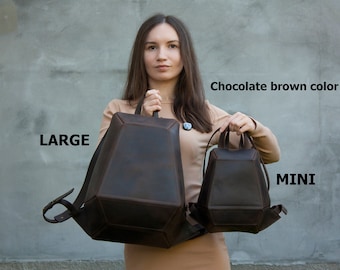 Anti Theft Backpack Real Leather Brown Women Mini Rucksack Geometric Shape Satchel