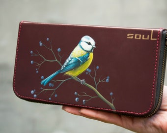 Mother's Day Gift Titmouse Bird Women Zipper Wallet Large Wine Color Leather Wallet with Blue Yellow Bird