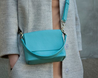 Turquoise Blue 100% Leather Crossbody Bag Women Shoulder Purse Gift Idea Mini Handbag