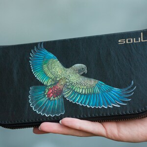 Parrot in Flight Homem Carteira de Couro Mulheres Carteira Grande com Pássaro Preto Zíper Cartão Carteira de Couro Personalizado